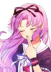 Rule 34 | 1girl, black ribbon, black shirt, blush, closed mouth, commentary, commission, eiyuu densetsu, closed eyes, finger to mouth, fingernails, hair intakes, hand up, highres, long hair, portrait, puffy short sleeves, puffy sleeves, purple hair, renne (eiyuu densetsu), ribbon, sen no kiseki, sen no kiseki iv, shirt, short sleeves, simple background, skeb commission, smile, solo, villeannn, white background, wrist cuffs