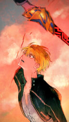 Rule 34 | 1boy, abstract background, amputee, arm at side, black jacket, blonde hair, blood, collarbone, commentary request, ea (fate/stay night), fate/stay night, fate/unlimited blade works, fate (series), floating hair, gilgamesh (fate), gilgamesh (immoral biker jacket) (fate), head back, high collar, highres, holding, holding sword, holding weapon, jacket, male focus, open clothes, open jacket, open mouth, red eyes, severed arm, severed limb, shirt, short hair, slit pupils, solo, spoilers, surprised, sword, upper body, weapon, white shirt, wide-eyed, zumu (quw87)