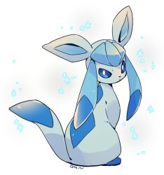 Rule 34 | animal focus, blue eyes, blue sclera, bright pupils, closed mouth, colored sclera, commentary request, creatures (company), full body, game freak, gen 4 pokemon, glaceon, looking at viewer, looking back, nintendo, no humans, pokemon, pokemon (creature), signature, simple background, sitting, snowflakes, solo, tetori, turning head, white pupils
