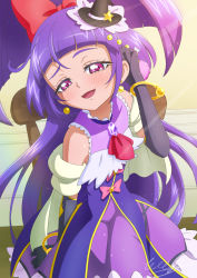 Rule 34 | 1girl, black gloves, blush, bracelet, brooch, crystal, cure magical, dress, earrings, elbow gloves, gloves, hat, highres, izayoi liko, jewelry, long hair, looking at viewer, magical girl, mahou girls precure!, mini hat, mini witch hat, precure, purple dress, purple eyes, purple hair, shawl, solo, tiler (tiler00), very long hair, witch hat