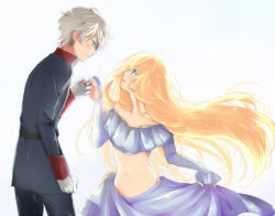 Rule 34 | 10s, 1boy, 1girl, aldnoah.zero, amy26, asseylum vers allusia, bad id, bad pixiv id, bare shoulders, blonde hair, blue eyes, blush, couple, crop top, dancing, dress, green eyes, hetero, holding hands, long hair, looking at another, midriff, navel, pink dress, silver hair, slaine troyard, smile, stomach, very long hair, white background
