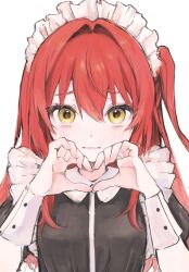Rule 34 | 1girl, alternate costume, bags under eyes, blush, bocchi the rock!, breasts, enmaided, hair between eyes, heart, heart hands, highres, iq033, kita ikuyo, long hair, looking at viewer, maid, maid headdress, one side up, red hair, simple background, small breasts, solo, upper body, very long hair, white background, wrist cuffs, yellow eyes