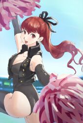 Rule 34 | 1girl, absurdres, adapted costume, ass, bare shoulders, black jacket, black leotard, black ribbon, blue sky, breasts, buttons, cleavage, commentary request, day, detached sleeves, floating hair, hair ribbon, highres, holding, holding pom poms, jacket, leotard, long hair, looking at viewer, medium breasts, open mouth, outdoors, persona, persona 5, persona 5 the royal, poechan chan, pom pom (cheerleading), pom poms, ponytail, red eyes, red hair, ribbon, sky, sleeveless, sleeveless jacket, smile, solo, standing, standing on one leg, strapless, strapless leotard, yoshizawa kasumi