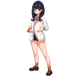 Rule 34 | 10s, 1girl, black hair, black skirt, blue eyes, bow, cardigan, full body, gridman universe, hands in pockets, long sleeves, looking at viewer, making-of available, microskirt, orange scrunchie, pixel art, pixelflag, red bow, scrunchie, simple background, skirt, solo, ssss.gridman, standing, sweater, takarada rikka, white background, white cardigan, white sweater, wrist scrunchie