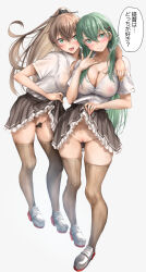 Rule 34 | 2girls, adapted costume, blue eyes, breasts, brown hair, brown skirt, cleavage, cleft of venus, clothes lift, collared shirt, comic, covered erect nipples, dress shirt, female pubic hair, frilled skirt, frills, full body, green eyes, green hair, grey footwear, hair ornament, hairclip, highres, kantai collection, kumano (kancolle), large breasts, long hair, multiple girls, no panties, open clothes, open shirt, pleated skirt, ponytail, pubic hair, pussy, school uniform, see-through, see-through shirt, shirt, simple background, skirt, skirt lift, speech bubble, suzuya (kancolle), thighhighs, tororo ten, translation request, white background, white shirt
