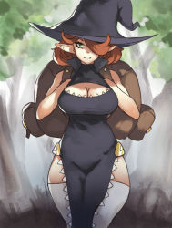 Rule 34 | 1girl, backpack, bag, black dress, black hat, breasts, cleavage, cleavage cutout, closed mouth, clothing cutout, commentary, cowboy shot, dress, english commentary, forest, green eyes, hair over one eye, hands up, hat, highres, large breasts, looking at viewer, nature, one eye covered, orange eyes, original, pelvic curtain, side slit, smile, solo, standing, thighhighs, vins-mousseux, white thighhighs, witch hat