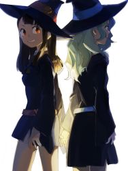 Rule 34 | 10s, 2girls, back-to-back, bad id, bad pixiv id, blonde hair, blue eyes, brown hair, diana cavendish, holding hands, hat, henpei saboten, highres, kagari atsuko, little witch academia, long hair, looking back, multiple girls, red eyes, witch hat