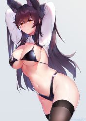 Rule 34 | 1girl, absurdres, animal ears, arms behind head, arms up, atago (azur lane), atago (stunning speedster) (azur lane), azur lane, bikini, black bikini, black hair, breasts, brown thighhighs, cleavage, groin, highleg, highleg bikini, highres, large breasts, long hair, long sleeves, looking at viewer, mole, mole under eye, navel, race queen, showerz, shrug (clothing), simple background, smile, solo, stomach, string bikini, swimsuit, thighhighs, thighs, white background, wing collar