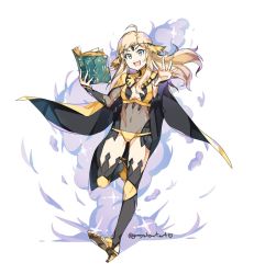 Rule 34 | 1girl, ahoge, blonde hair, book, breasts, cape, circlet, fire emblem, fire emblem fates, full body, graysheartart, green eyes, highres, holding, holding weapon, looking at viewer, nintendo, ophelia (fire emblem), reaching, reaching towards viewer, smoke, solo, thighhighs, weapon