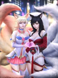 Rule 34 | 1girl, ahri (league of legends), alternate hair color, animal ears, black hair, blonde hair, blue eyes, breasts, cleavage, dual persona, facial mark, fox ears, fox girl, fox tail, gohpot, heart, heart hands, league of legends, lips, long hair, multiple tails, nail polish, parted lips, red nails, solo, standing, star guardian (league of legends), star guardian ahri, swept bangs, tail, whisker markings, yellow eyes