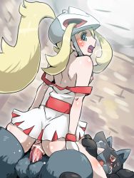 Rule 34 | !, !!, 10s, 1girl, anus, bar censor, bare shoulders, bicycle helmet, blonde hair, blue eyes, blush, boris (noborhys), bottomless, breasts, caught, censored, cowgirl position, creatures (company), dress, furry, furry male, furry with non-furry, game freak, gen 4 pokemon, girl on top, gloves, gym leader, heavy breathing, helmet, interspecies, korrina (pokemon), long hair, lucario, nintendo, nipples, no panties, off shoulder, penis, pokemon, pokemon (creature), pokemon xy, pokephilia, ponytail, red eyes, sex, short dress, small breasts, straddling, testicles, vaginal, white gloves