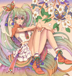 Rule 34 | 1girl, absurdres, aqua hair, artist name, branch, brown footwear, bug, butterfly, butterfly on head, flower, frilled skirt, frills, gradient hair, green eyes, hatsune miku, highres, insect, knees up, leaf, long hair, looking at viewer, multicolored hair, number tattoo, petals, plant, purple hair, shirt, shoes, skirt, sleeveless, sleeveless shirt, smile, solo, tattoo, very long hair, vocaloid, white flower, white petals, white shirt, white skirt, yuuinami