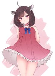 Rule 34 | 1girl, ahoge, arm behind back, black hair, blunt bangs, blush, closed mouth, clothes lift, cowboy shot, dress, dress lift, hand on own chest, looking at viewer, red dress, ryuusei (ryuuseiseikou), sailor collar, sailor dress, sidelocks, skirt, skirt lift, solo, standing, thighs, touhoku kiritan, twintails, twintails day, voiceroid, wind, wind lift, yagi (ningen)