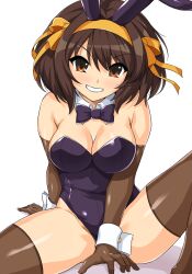 Rule 34 | 1girl, alternate legwear, animal ears, bare shoulders, black gloves, black leotard, bow, bowtie, breasts, brown eyes, brown hair, cleavage, detached collar, fake animal ears, gloves, haruhisky, highres, large breasts, leotard, looking at viewer, official alternate costume, playboy bunny, rabbit ears, ribbon, simple background, sitting, smile, solo, strapless, strapless leotard, suzumiya haruhi, suzumiya haruhi no yuuutsu, thighhighs, white background, wrist cuffs, yellow ribbon