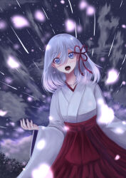 1girl absurdres amagami-san_chi_no_enmusubi amagami_asahi blue_eyes blue_hair blush falling_petals hair_between_eyes hair_ribbon hakama hakama_skirt highres japanese_clothes kimono long_sleeves manabu-san medium_hair meteor_shower miko night open_mouth outdoors petals red_hakama red_ribbon ribbon skirt sky solo teeth upper_teeth_only white_kimono wide_sleeves