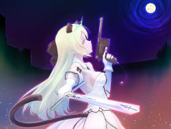 Rule 34 | 1girl, animal ears, artoria pendragon (fate), bare shoulders, black bow, blonde hair, blue eyes, bow, breasts, building, caliburn (fate), cat ears, cat tail, cosplay, detached collar, detached sleeves, dress, dual wielding, fate/stay night, fate/unlimited codes, fate (series), foreshortening, full moon, gloves, green eyes, gun, hair bow, handgun, heinrike prinzessin zu sayn-wittgenstein, holding, holding gun, holding sword, holding weapon, kamen rosso, kawasumi ayako, long hair, luger p08, mauser c96, moon, moonlight, night, night sky, outline, saber (fate), saber lily, saber lily (cosplay), voice actor connection, short sleeves, sideboob, sky, solo, strike witches, sword, tail, trigger discipline, weapon, white dress, white gloves, world witches series