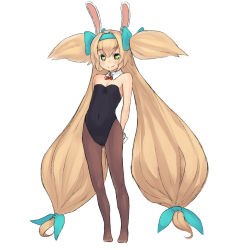 Rule 34 | 1girl, absurdly long hair, animal ears, aqua bow, arc system works, blazblue, blazblue: continuum shift, blonde hair, bow, chiwino, detached collar, fake animal ears, green eyes, hair bow, hairband, heart, heart-shaped pupils, leotard, long hair, looking at viewer, low-tied long hair, pantyhose, platinum the trinity, playboy bunny, quad tails, rabbit ears, simple background, smile, symbol-shaped pupils, very long hair, white background, wrist cuffs