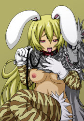 Rule 34 | animal ears, blonde hair, breasts, rabbit ears, character request, collar, highres, naughty face, pelt, red eyes, shinrabanshou, smile