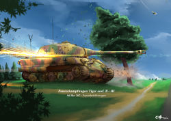 absurdres aircraft artist_request bush caterpillar_tracks cloud commentary cross dated day english_commentary forest grass highres iron_cross military military_vehicle motor_vehicle nature original sky smoke tank tiger_ii tree world_war_ii