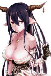 Rule 34 | 10s, 1girl, antenna hair, bandages, black hair, breasts, cleavage, danua, draph, female focus, fingerless gloves, gloves, granblue fantasy, hair between eyes, highres, horn ornament, horns, jewelry, large breasts, long hair, looking at viewer, necklace, pointy ears, red eyes, simple background, solo, strap gap, wa (genryusui), white background