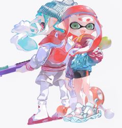 Rule 34 | aspara, black shorts, blue hair, blue headwear, blue jacket, floating hair, full body, green eyes, grey shorts, gun, hat, headband, highres, holding, holding gun, holding weapon, inkling player character, jacket, long hair, looking at viewer, looking back, nintendo, open mouth, orange hair, pink eyes, pointy ears, red footwear, scarf, shorts, simple background, slippers, smile, socks, source request, splatoon (series), tentacle hair, weapon, white background, white legwear