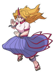 Rule 34 | 1girl, :d, absurdres, blonde hair, blue skirt, breasts, brown footwear, commentary, cuffs, eddybird55555, english commentary, full body, geta, highres, horns, hoshiguma yuugi, large breasts, long hair, looking at viewer, oni horns, open mouth, parody, pointy ears, red eyes, red horns, ringed eyes, shackles, shirt, simple background, single horn, skirt, smile, solo, star (symbol), style parody, touhou, vanripper (style), white background, white shirt