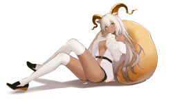 Rule 34 | 1girl, absurdres, animal ears, arknights, bean bag, beeswax (arknights), beeswax (weisser sand) (arknights), belt, black footwear, black shorts, breasts, cleavage, closed mouth, crossed bangs, crossed legs, dark-skinned female, dark skin, expressionless, fei (songyijie), full body, goat ears, goat horns, hair between eyes, highres, horns, jacket, long hair, long sleeves, looking at viewer, medium breasts, off shoulder, official alternate costume, open clothes, open jacket, own hands clasped, own hands together, shoes, short shorts, shorts, simple background, sitting, solo, thighhighs, thighs, white background, white hair, white jacket, white thighhighs, yellow eyes