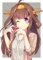Rule 34 | 10s, 1girl, ahoge, alternate costume, bad id, bad twitter id, breasts, brown hair, buttons, collarbone, double bun, eyebrows, grey background, hair bun, heart, heart hands, jacket, kantai collection, kongou (kancolle), kongou kai ni (kancolle), long hair, looking at viewer, one eye closed, outside border, pink jacket, purple eyes, shirt, smile, solo, striped clothes, striped shirt, sutorora