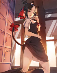 Rule 34 | 1girl, :o, absurdres, animal ears, artist name, black dress, black hair, black hairband, black socks, bow, cat ears, cat tail, commentary request, door, dress, fake animal ears, feet out of frame, folded ponytail, from behind, getabako, hair bow, hair ribbon, hairband, hand on own hip, hand up, highres, huge filesize, indoors, kaguya-sama wa kokurasetai ~tensai-tachi no renai zunousen~, kneehighs, kneeling, kneepits, looking at viewer, looking back, open mouth, parted bangs, pinafore dress, red bow, red eyes, red ribbon, ribbon, school uniform, shinomiya kaguya, shoe soles, short hair, short sleeves, shuuchiin academy school uniform, sleeveless dress, socks, solo, summer uniform, tail, tail bow, tail ornament, thighs, vierzeck