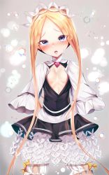 Rule 34 | 1girl, abigail williams (fate), abigail williams (festival outfit) (fate), black dress, blonde hair, bloomers, blue eyes, blush, bow, breasts, butterfly hair ornament, dress, fate/grand order, fate (series), forehead, grey background, hair ornament, hands up, heart, heroic spirit chaldea park outfit, highres, keyhole, long hair, long sleeves, nose blush, official alternate costume, open mouth, parted bangs, revision, shirt, sidelocks, silly (marinkomoe), sleeveless, sleeveless dress, sleeves past fingers, sleeves past wrists, small breasts, solo, sweat, tongue, underwear, very long hair, white bloomers, white shirt, yellow bow