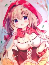 Rule 34 | 1girl, :d, apple, azumi kazuki, basket, blush, breasts, brown hair, capelet, cleavage, detached sleeves, food, fruit, hair between eyes, highres, hood, hood up, hooded capelet, long hair, looking at viewer, low twintails, medium breasts, open mouth, original, photo (medium), pink ribbon, pleated skirt, puffy short sleeves, puffy sleeves, red apple, red capelet, red eyes, ribbon, shirt, short sleeves, skirt, smile, solo, traditional media, twintails, underbust, very long hair, white shirt, white sleeves, yellow skirt
