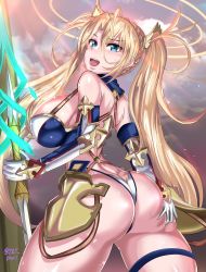 Rule 34 | 1girl, armor, ass, ass grab, bare shoulders, blonde hair, blue eyes, blush, bradamante (fate), breasts, butt crack, curvy, deep skin, elbow gloves, fate/grand order, fate (series), from behind, gloves, highleg, highleg leotard, highres, hip focus, huge ass, huge breasts, leotard, long hair, looking at viewer, open mouth, puripuri jet, shiny clothes, shiny skin, sideboob, smile, solo, sweat, thick thighs, thigh strap, thighs, thong, thong leotard, twintails, very long hair, wide hips