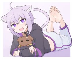 Rule 34 | 1girl, :3, ahoge, animal collar, animal ear fluff, animal ears, ass, barefoot, belt collar, black collar, black hoodie, border, cartoon bone, cat ears, cat girl, cat tail, character doll, collar, commentary, cropped hoodie, crossed bangs, dot nose, fangs, feet, feet up, female focus, full body, gradient background, hair between eyes, happy, head tilt, highres, hololive, hood, hoodie, knees apart feet together, long sleeves, looking at viewer, lying, medium hair, midriff, nekomata okayu, nekomata okayu (1st costume), on stomach, open mouth, pants, purple background, purple eyes, purple hair, short hair, sidelocks, simple background, softhanten, soles, solo, sweatpants, tail, the pose, toes, tongue, twitter username, virtual youtuber, white border, white pants