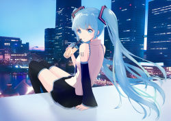Rule 34 | 1girl, arm support, black skirt, black sleeves, black thighhighs, blue eyes, blue hair, building, day, detached sleeves, drinking straw, floating hair, hatsune miku, highres, leaning back, long hair, long sleeves, looking at viewer, miniskirt, outdoors, pleated skirt, shirt, skirt, sleeveless, sleeveless shirt, solo, thighhighs, very long hair, vocaloid, white shirt, yuzuaji, zettai ryouiki