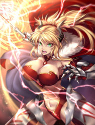 Rule 34 | 1girl, aged up, alternate breast size, alternate costume, armor, attack, bikini, bikini armor, blonde hair, blurry, breasts, cape, cleavage, collarbone, commentary request, detached collar, detached sleeves, electricity, fang, fate/grand order, fate (series), faulds, fur-trimmed cape, fur trim, gauntlets, glowing, glowing weapon, green eyes, hair between eyes, hair ornament, hair scrunchie, hand up, highres, holding, holding lance, holding polearm, holding weapon, horns, lance, large breasts, legs apart, long hair, looking at viewer, mordred (fate), mordred (fate/apocrypha), motion blur, nasaniliu, navel, open mouth, polearm, ponytail, red bikini, red cape, red scrunchie, scrunchie, sidelocks, solo, standing, stomach, swimsuit, tsurime, v-shaped eyebrows, weapon