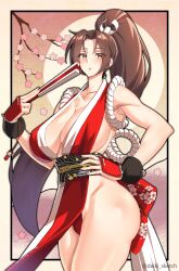 Rule 34 | 1girl, absurdres, ass, breasts, brown hair, curvy, fatal fury, high ponytail, highres, huge ass, large breasts, leotard, leotard under clothes, long hair, ponytail, shiny skin, shiranui mai, solo, very long hair, wide hips