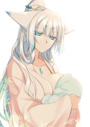 Rule 34 | 1girl, animal ears, baby, blue eyes, breastfeeding, breasts, dated, fox ears, gradient hair, hair ornament, hairpin, konshin, large breasts, long hair, long sleeves, looking at viewer, multicolored hair, original, ponytail, short eyebrows, signature, simple background, solo, solo focus, upper body, very long hair, white background