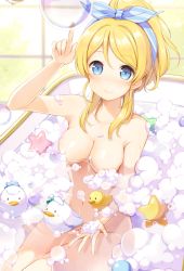 Rule 34 | 10s, 1girl, 6u (eternal land), areola slip, ayase eli, bath, bathing, bathtub, blonde hair, blue bow, blue eyes, blush, blush stickers, bow, breasts, bubble, bubble bath, closed mouth, completely nude, convenient censoring, cowboy shot, foam, groin, hair bow, hair ribbon, hand up, high ponytail, indoors, legs together, light smile, looking at viewer, love live!, love live! school idol project, medium breasts, navel, nose blush, nude, open hand, parted bangs, partially submerged, pointing, pointing up, ponytail, ribbon, rubber duck, short ponytail, sidelocks, sitting, smile, soap, soap bubbles, soap censor, solo, star (symbol), striped ribbon, swept bangs, tile wall, tiles, toy, water