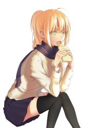 Rule 34 | 1girl, ahoge, artoria pendragon (all), artoria pendragon (fate), black scarf, black skirt, black thighhighs, blonde hair, eating, fate/stay night, fate (series), green eyes, hair between eyes, highres, invisible chair, long hair, miniskirt, nezumi (tuboshu2013), open mouth, pleated skirt, ponytail, saber (fate), scarf, simple background, sitting, skirt, solo, sweater, thighhighs, white background, white sweater, zettai ryouiki