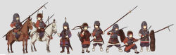 Rule 34 | 6+girls, animal, armor, arrow (projectile), black hair, blue eyes, brown eyes, brown hair, chinese armor, chinese commentary, fangdan runiu, full armor, hair over one eye, helmet, highres, holding, holding shield, holding spear, holding sword, holding weapon, horse, looking at viewer, multiple girls, original, polearm, purple eyes, quiver, red eyes, riding, sandals, sheath, sheathed, shield, spear, sword, weapon, white legwear