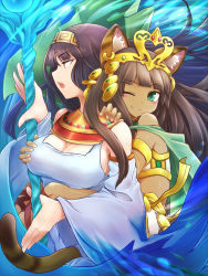Rule 34 | 2girls, animal ears, bastet (p&amp;d), black hair, grabbing another&#039;s breast, brown hair, carrying, cat ears, cat tail, crown, dark skin, dark-skinned female, egyptian, eiei, grabbing, green eyes, headband, isis (p&amp;d), jewelry, lots of jewelry, multiple girls, one eye closed, piggyback, puzzle &amp; dragons, staff, tail, wink