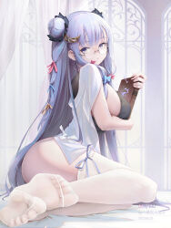 Rule 34 | 1girl, absurdres, alternate costume, backlighting, blunt bangs, book, breasts, crescent, crescent hair ornament, curtains, double bun, feet, foot focus, from side, hair bun, hair ornament, highres, holding, holding book, indoors, large breasts, long hair, looking at viewer, multi-tied hair, no headwear, no shoes, patchouli knowledge, purple eyes, purple hair, qiaogun damodao, revision, see-through, sitting, soles, solo, thighhighs, toes, touhou, very long hair, white thighhighs, yokozuwari