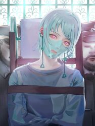 Rule 34 | 1girl, 2boys, absurdres, aqua hair, beard, chainsaw man, chair, chinese commentary, collarbone, commentary, dangle earrings, earrings, facial hair, fami (chainsaw man), guard, hannibal lecter, hat, head tilt, highres, jewelry, kepi, lips, looking at viewer, making-of available, mask, military hat, mouth mask, movie reference, multiple boys, on chair, parted lips, people, pink eyes, restrained, ringed eyes, sitting, solo focus, straight-on, straitjacket, stud earrings, the silence of the lambs, upper body, window, yao liao wang