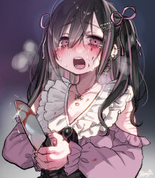 Rule 34 | 1girl, absurdres, black hair, blood, blood stain, bloody knife, blush, brooch, crying, crying with eyes open, dancho (dancyo), ear piercing, earrings, frilled shirt collar, frills, hair ribbon, heavy, highres, holding, holding knife, jewelry, jirai kei, knife, long hair, looking at viewer, multicolored hair, necklace, open mouth, original, piercing, pink hair, pink shirt, ribbon, scar, scar on arm, self-harm scar, shirt, solo, tears, two-tone hair, upper body