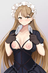 Rule 34 | 1girl, absurdres, black gloves, blush, breasts, breasts out, brown eyes, collarbone, earrings, frilled hairband, frills, girls&#039; frontline, girls und panzer, gloves, hairband, highres, jewelry, light brown hair, long hair, medium breasts, nipples, ppk (girls&#039; frontline), puffy short sleeves, puffy sleeves, scourer 14, short sleeves, solo, very long hair