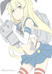 Rule 34 | 1girl, anchor hair ornament, black eyes, black neckerchief, black panties, blonde hair, blue sailor collar, blue skirt, closed mouth, elbow gloves, gloves, hair ornament, hairband, highleg, highleg panties, holding, kantai collection, long hair, neckerchief, ninimo nimo, one-hour drawing challenge, panties, pleated skirt, rensouhou-chan, rigging, sailor collar, school uniform, serafuku, shimakaze (kancolle), simple background, skirt, striped clothes, striped thighhighs, thighhighs, twitter username, underwear, white background, white gloves