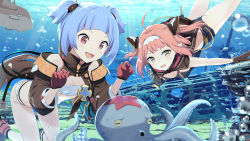 Rule 34 | 2girls, :d, ahoge, air bubble, asymmetrical sleeves, azur lane, bare shoulders, bikini, black one-piece swimsuit, blue hair, blunt bangs, blush, breasts, brown gloves, brown jacket, bubble, cleavage, commentary request, cross, fish, gloves, gotyou, hair ornament, hairband, iron cross, jacket, light rays, loading screen, long hair, looking at animal, multicolored hair, multiple girls, octopus, official art, one-piece swimsuit, open clothes, open jacket, open mouth, pink hair, purple hair, red eyes, red footwear, red gloves, rudder footwear, shipwreck, short hair, short twintails, sidelocks, single sleeve, small breasts, smile, starfish, stomach, strapless, strapless bikini, submarine, swimsuit, twintails, two-tone gloves, two-tone hair, two side up, u-556 (azur lane), u-81 (azur lane), underboob, underwater, uneven sleeves, watercraft, white bikini, yellow eyes, yellow gloves