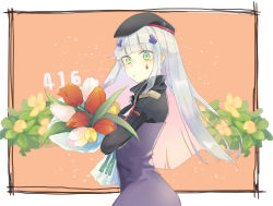 Rule 34 | 1girl, 416 day, beret, black hat, bouquet, facial hair, flower, from side, girls&#039; frontline, green eyes, hair ornament, hat, highres, hk416 (girls&#039; frontline), holding, holding bouquet, light blush, long hair, looking at viewer, sakana-ko, silver hair, solo, straight hair, teardrop, tulip, white flower, white tulip