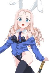 Rule 34 | 1girl, animal ears, bc freedom military uniform, black leotard, black thighhighs, blonde hair, blue eyes, blush, drill hair, fake animal ears, girls und panzer, highres, leotard, long hair, looking at viewer, marie (girls und panzer), military uniform, monolith (suibou souko), necktie, open mouth, playboy bunny, rabbit ears, simple background, smile, solo, thighhighs, white background