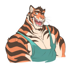 Rule 34 | 1boy, :d, animal ears, asher (saltypoundcake), bara, broad shoulders, eyebrow piercing, facial hair, fangs, furry, furry male, goatee, green tank top, happy, highres, large pectorals, looking at viewer, male focus, mature male, muscular, muscular male, open mouth, orange fur, original, pectoral cleavage, pectorals, piercing, saltypoundcake, short hair, smile, solo, streaked beard, tank top, thick eyebrows, tiger boy, tiger ears, two-tone fur, white background